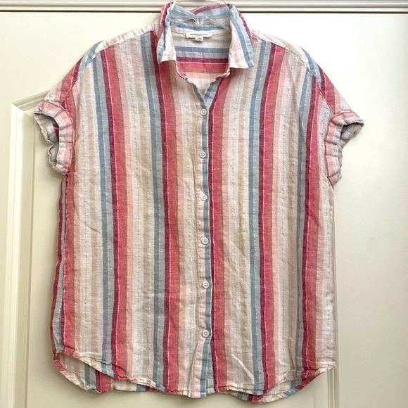 Beach lunch lounge linen blend top shirt blouse Womens M Cap sleeve stripe soft - Picture 1 of 6
